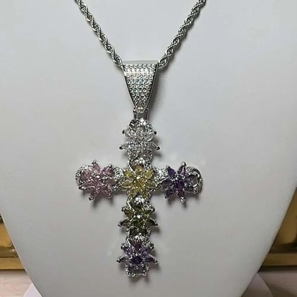 Title Multi Color Iced Cross Necklace Af 18